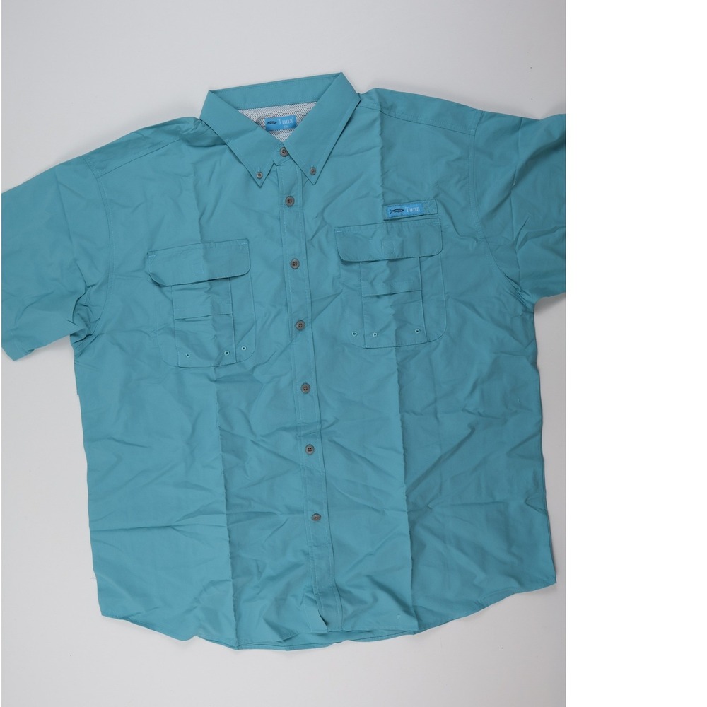 Tuna Fishing Shirt Blue Solid XXL Short Sleeve Vented Back Excellent